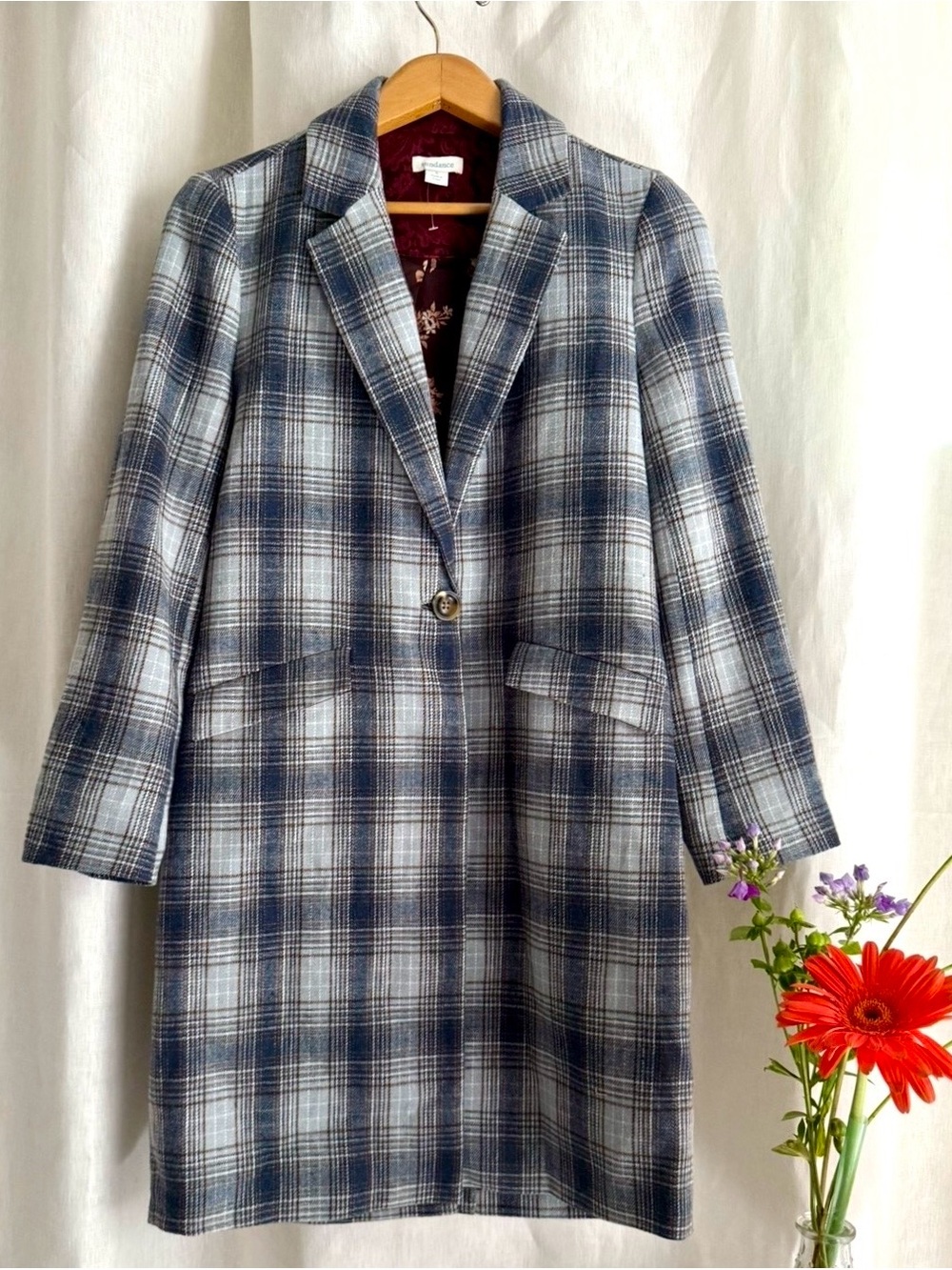 NWOT Sundance Plaid Wool Blend Blazer Coat S Longline Floral Lined Blue Jacket